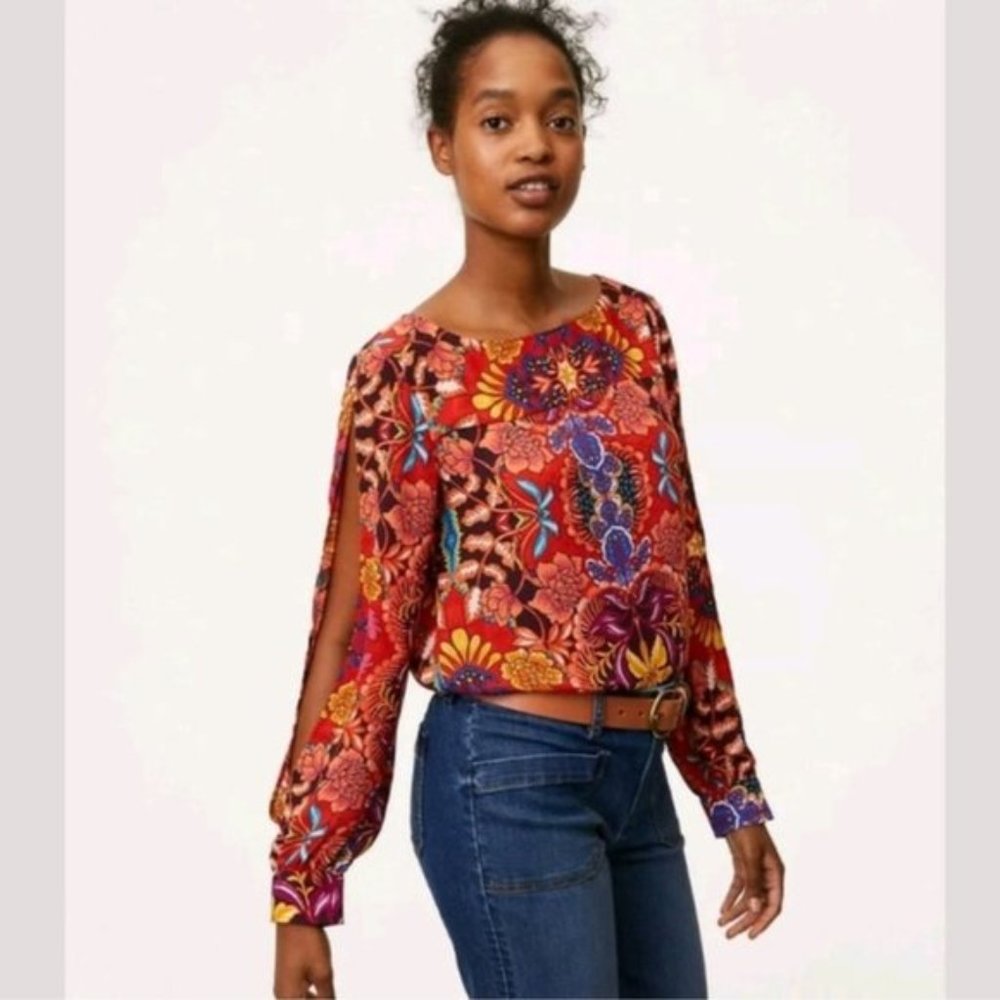 NWT LOFT | Fantasy Floral Split Sleeve Blouse Top Shirt Vibrant Red Orange